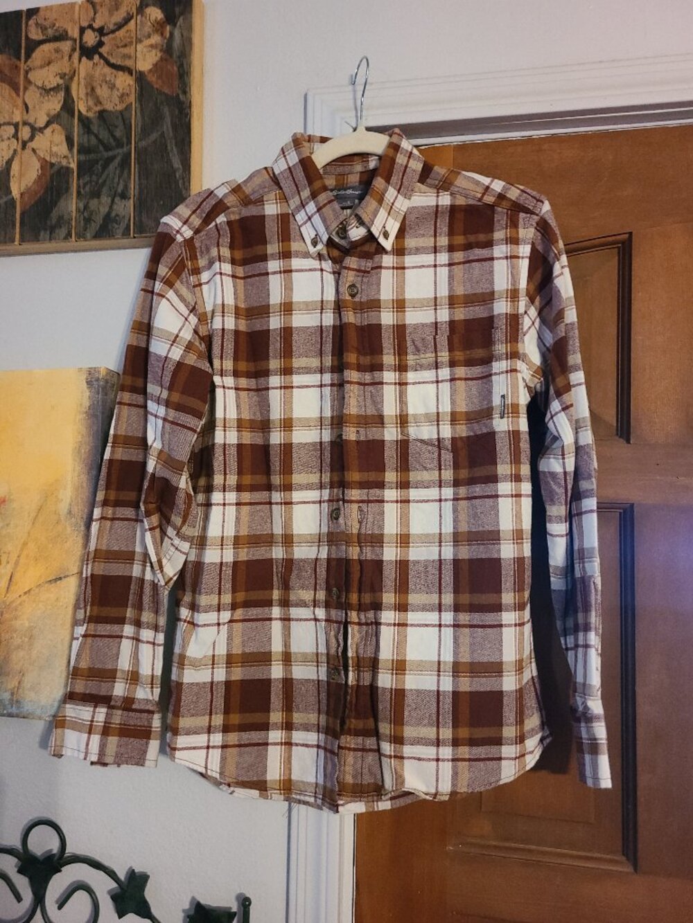 Eddie Bauer Men's Brown Tan White Plaid Flannel Shirt Size S